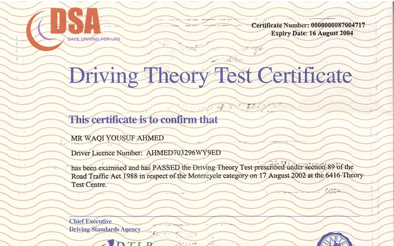 UK  Theory Test Certificate